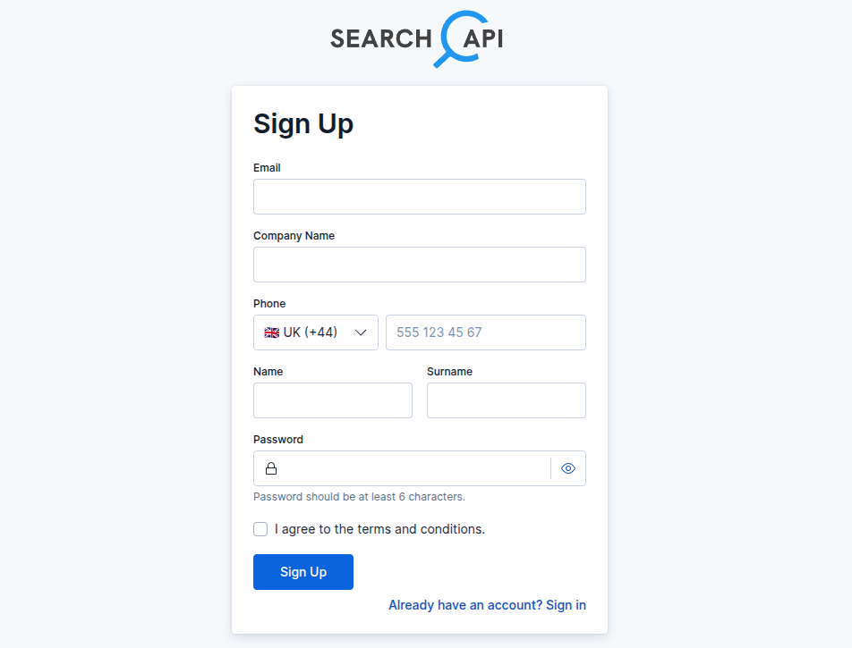 Registration form screenshot