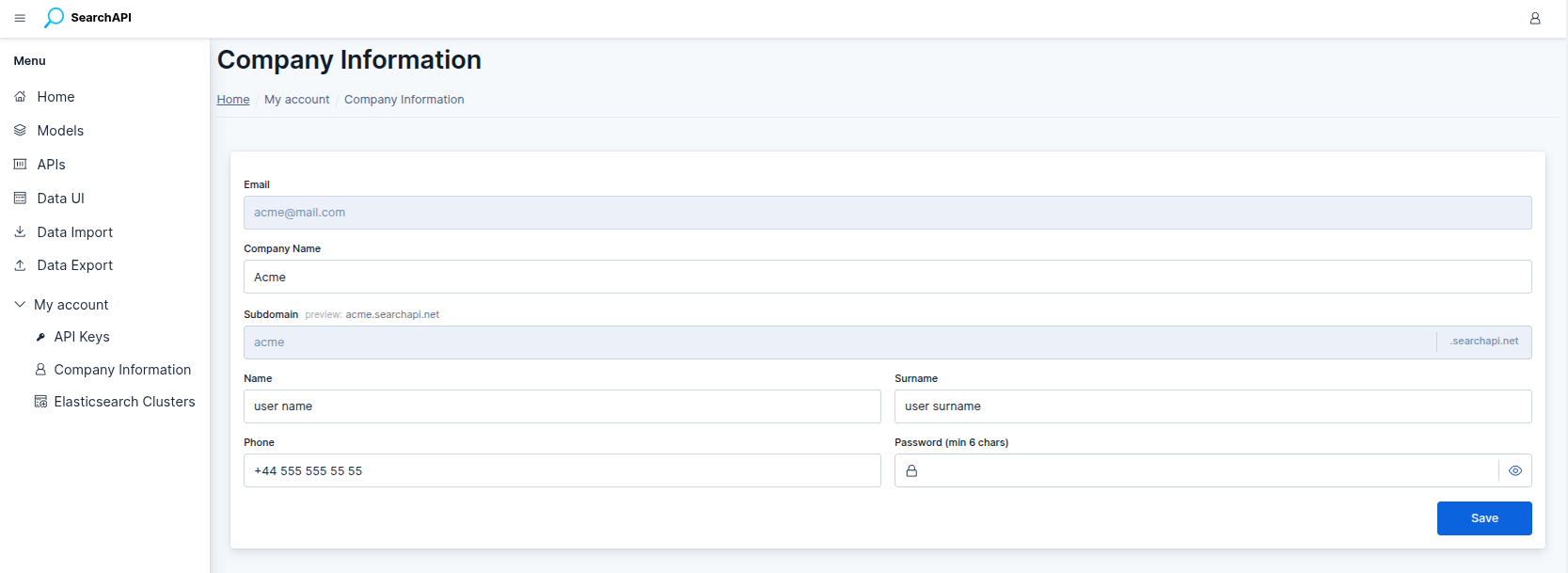Company Information form screenshot