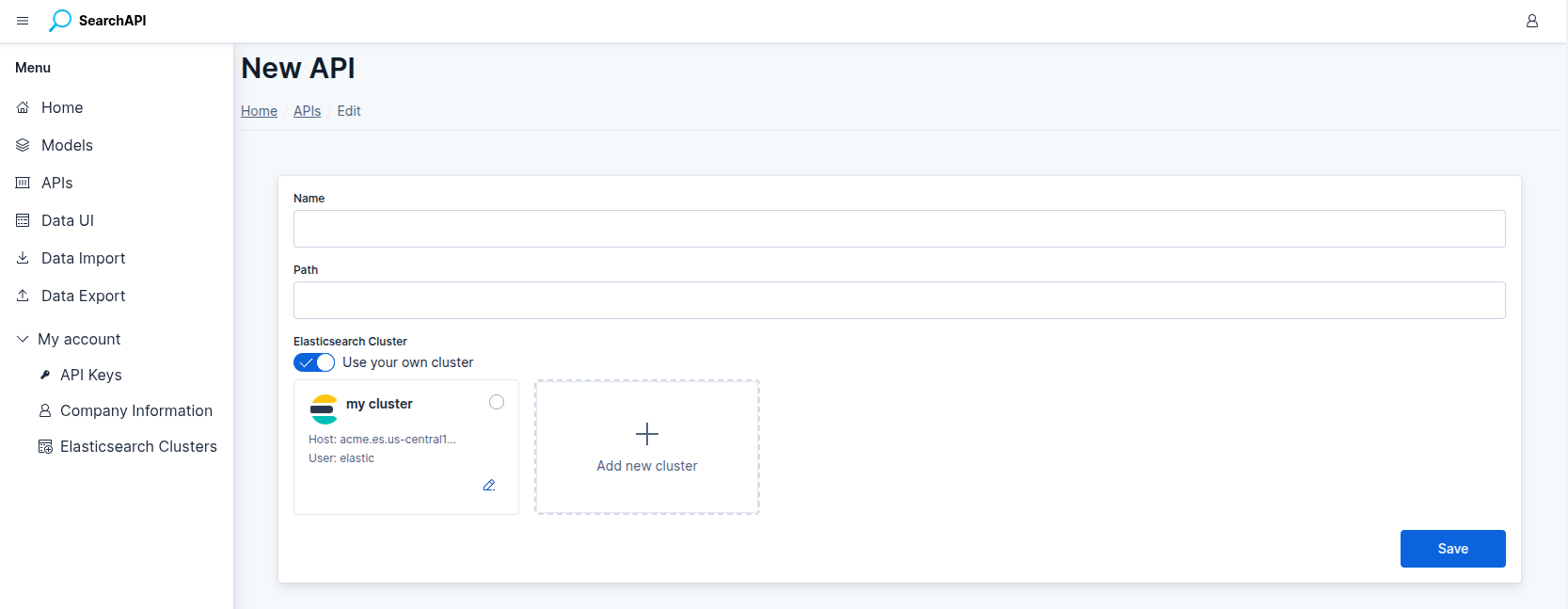 New API form screenshot