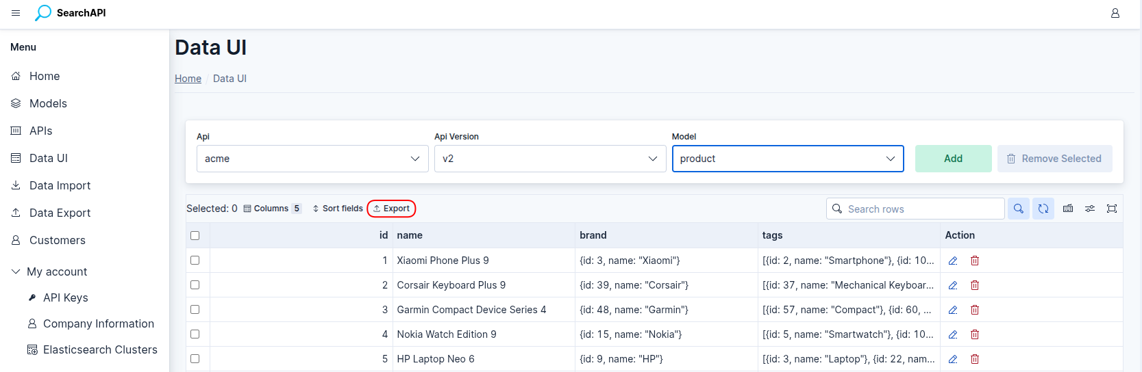 Data UI toolbar with Export button