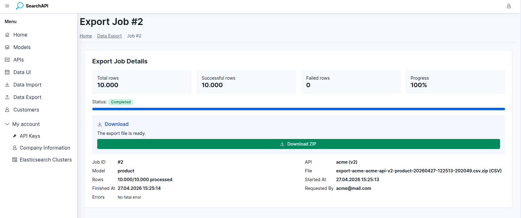 Export job detail page