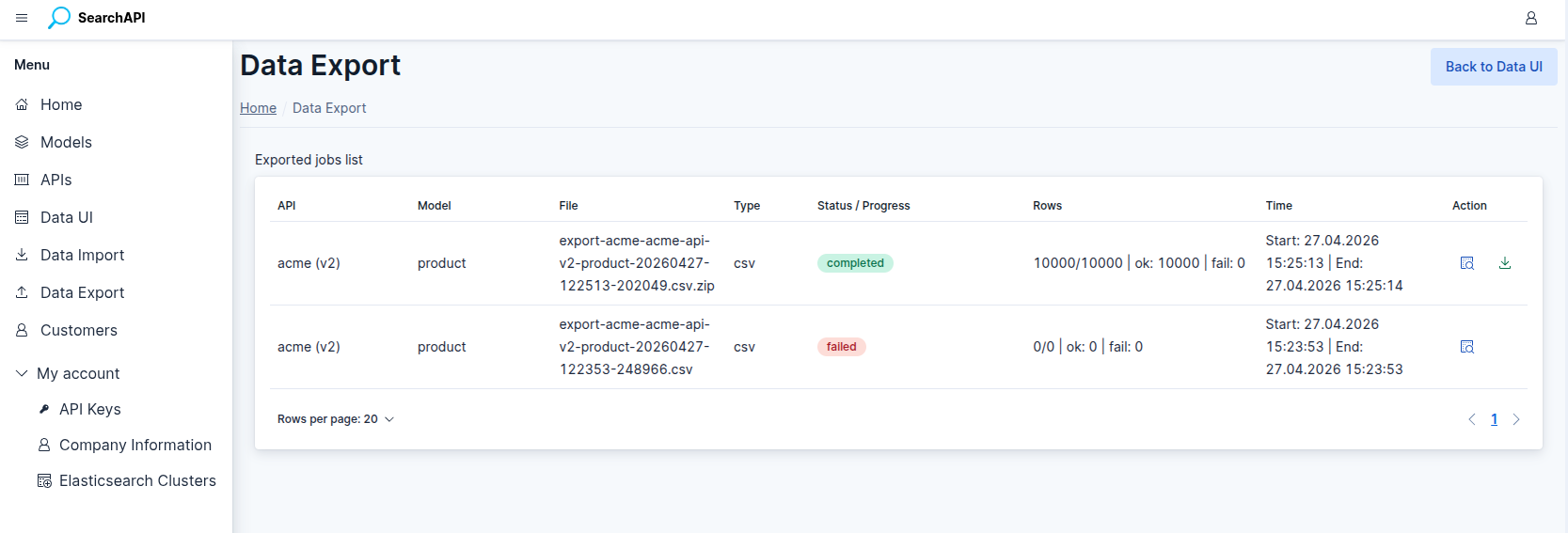 Export job list page
