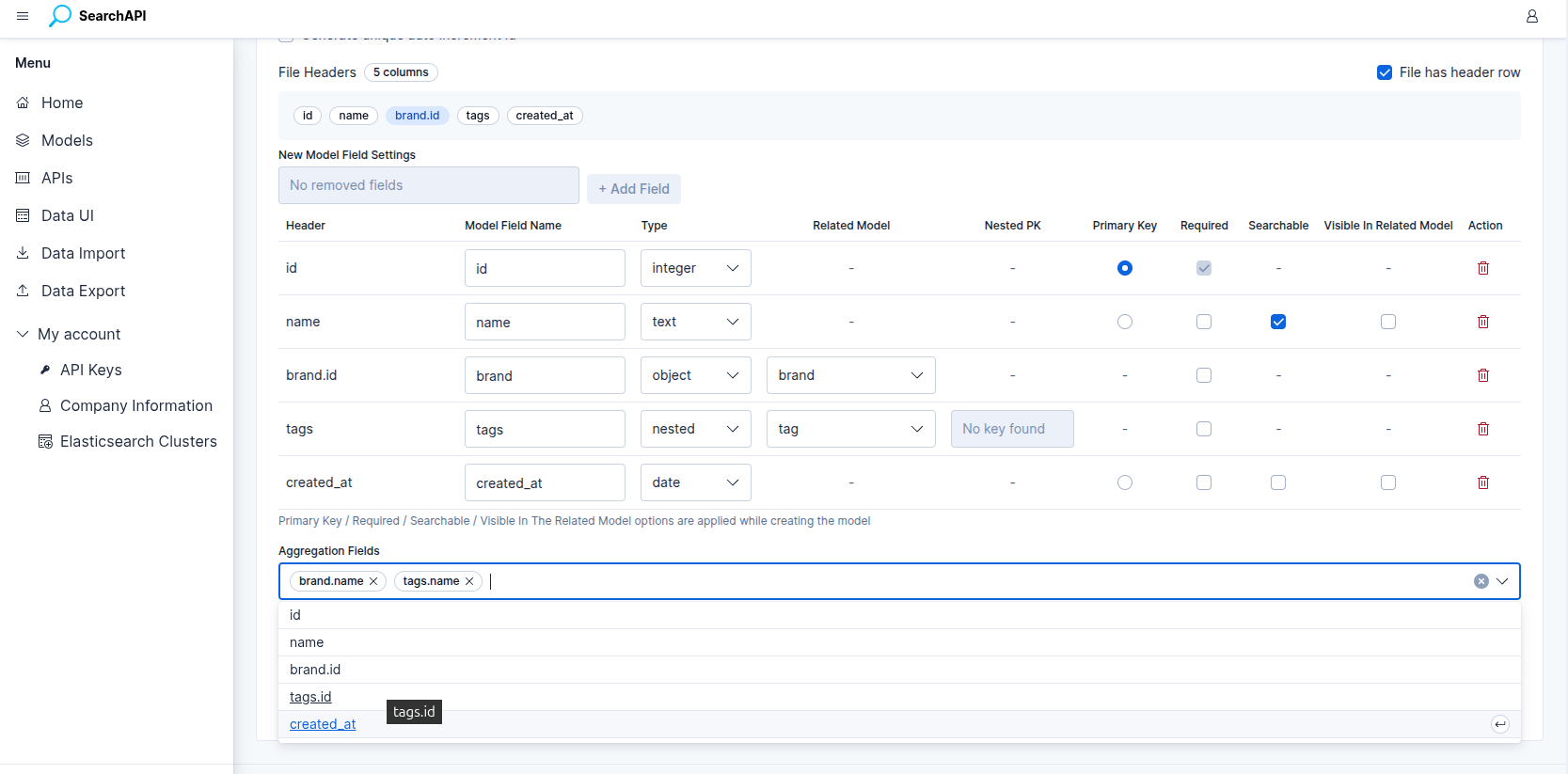 Aggregation Fields selector