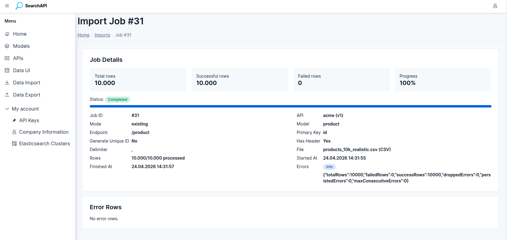 Import job detail