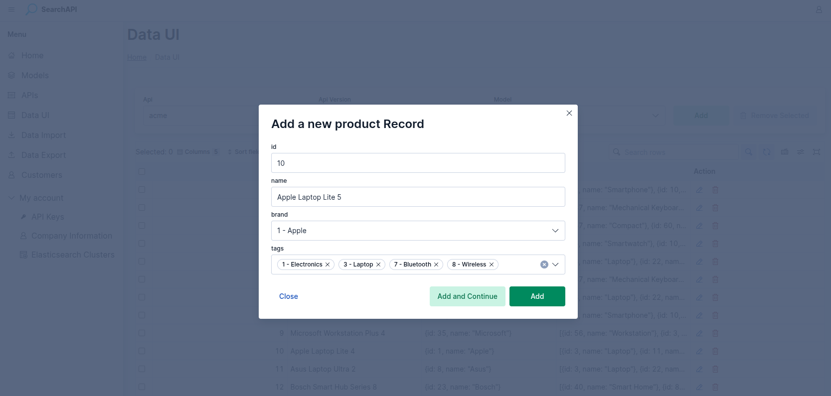 Data UI — create record form