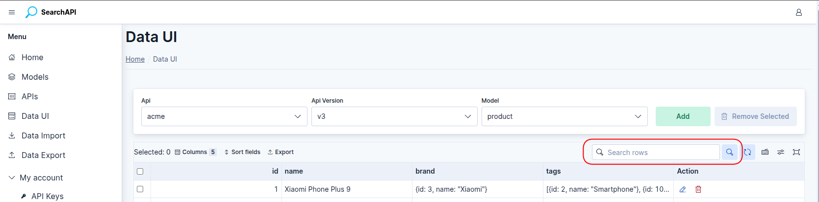 Data UI — document table with search