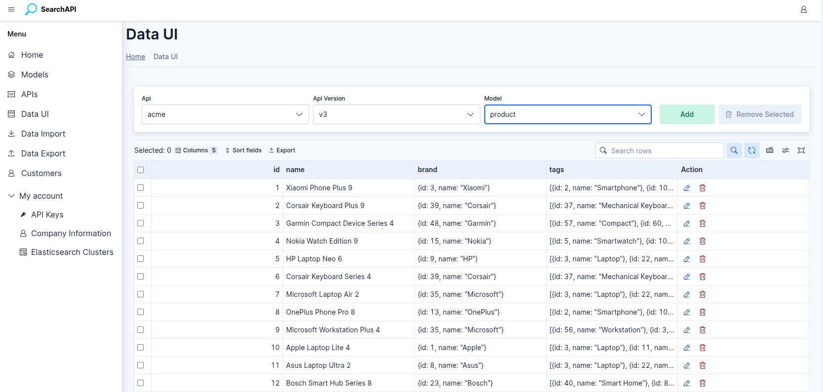 Data UI — API version and model selector