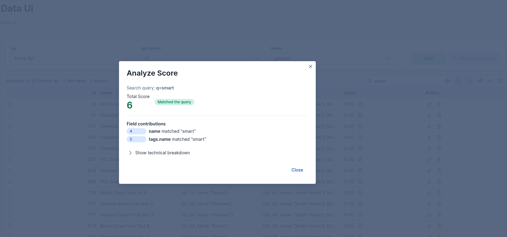 Data UI — score column