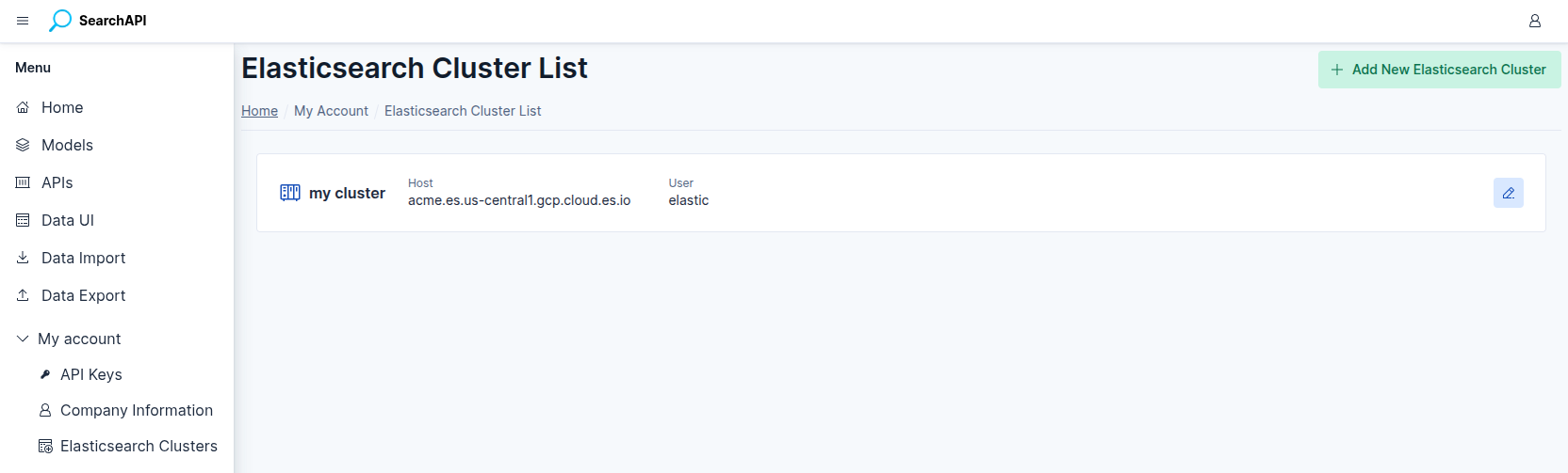 Elasticsearch Cluster list screenshot