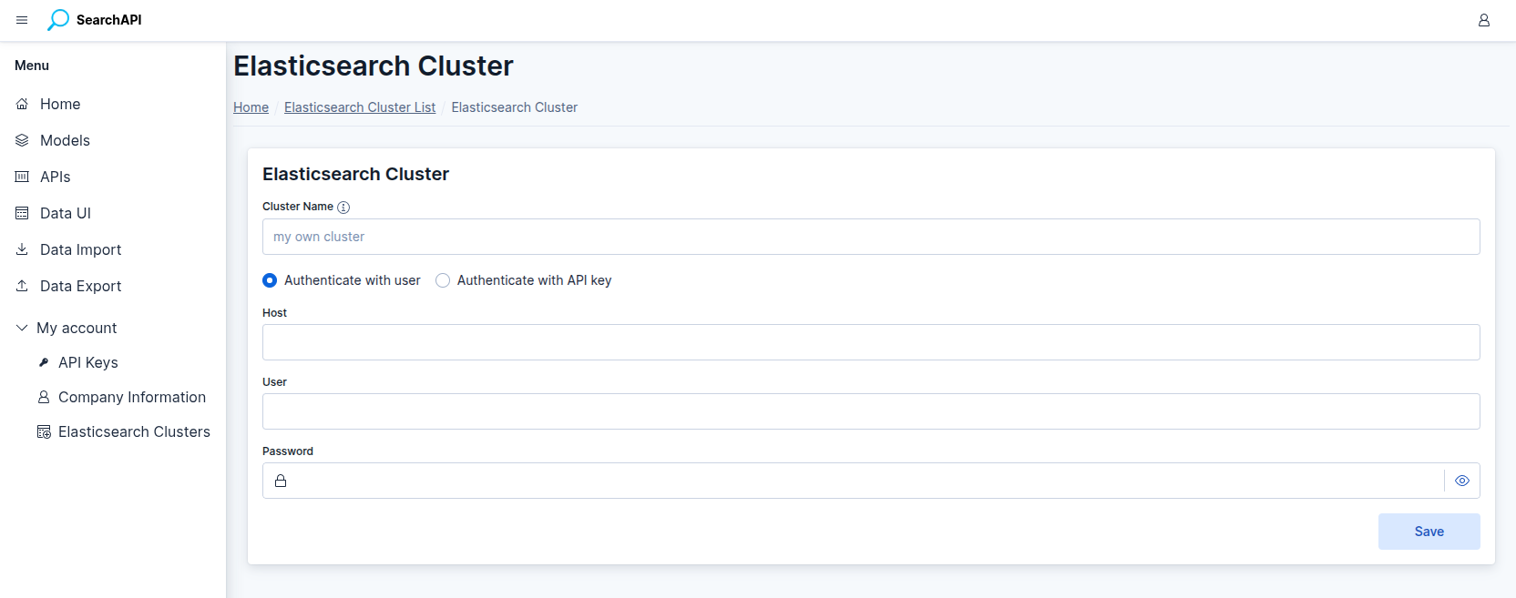 Elasticsearch Cluster form screenshot