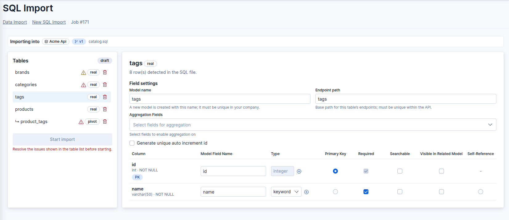 SQL Import review page screenshot